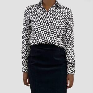 Vintage Silk Geometric Square Dots Grid Pattern Collar Button Blouse Shirt Sz M